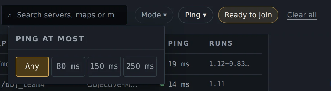 The Mode, Ping and Ready to join filters, with the ping limit choices open