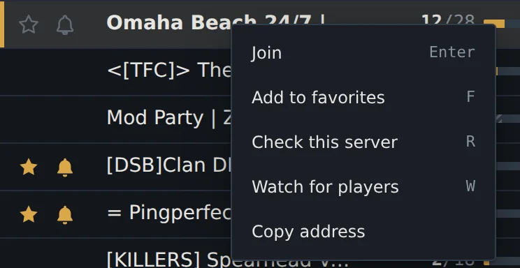 A server's right-click menu: Join, Add to favorites, Check this server, Watch for players, Copy address