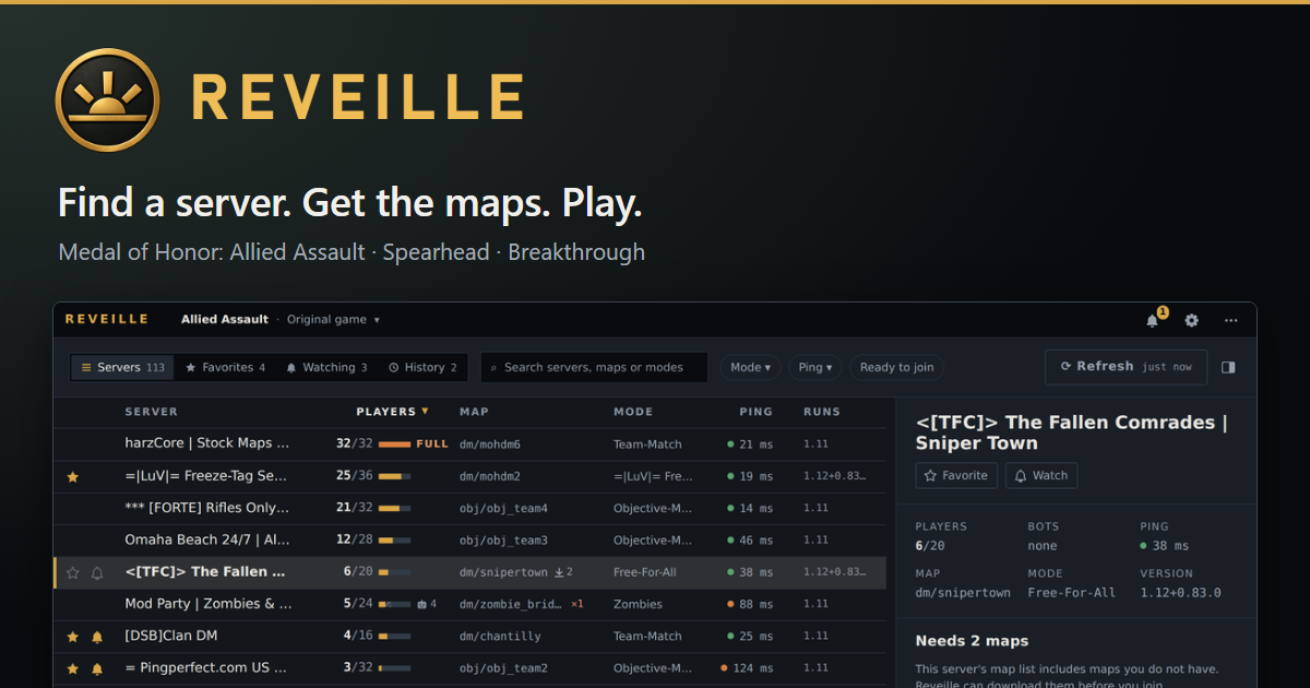 Reveille server browser interface showing Medal of Honor Allied Assault multiplayer servers and automatic map downloads.